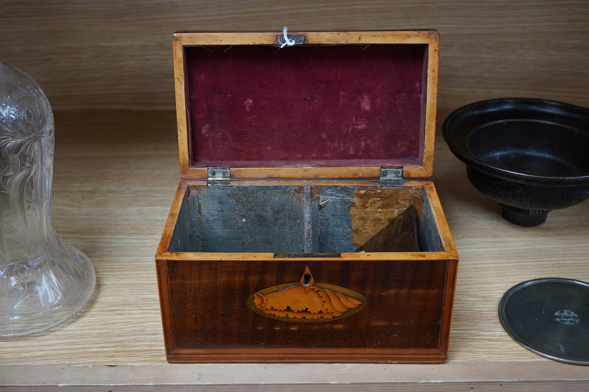 A George III inlaid tea caddy, 20cm x 11cm x 11.5cm. Condition - fair, some internal damage